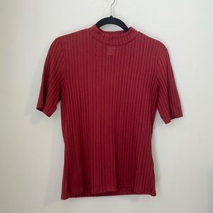 Red ribbed shirt with mock turtle neck